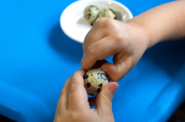 Ребенок чистит варенное перепелиное яйцо