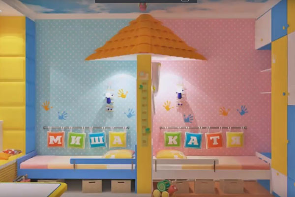 Комната разделена на две зоны - для мальчика и для девочки