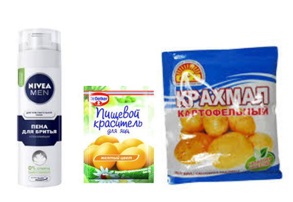 Пена для бритья, пищевой краситель, крохмал