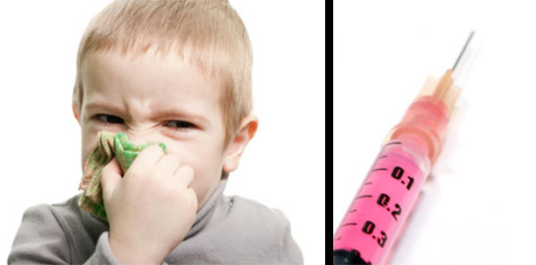 Мальчик с платочком у носа. Рядом туберкулиновый шприц