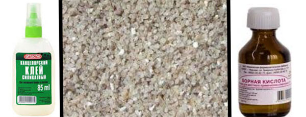 силикатный клей, кварцевый песок, борная кислота