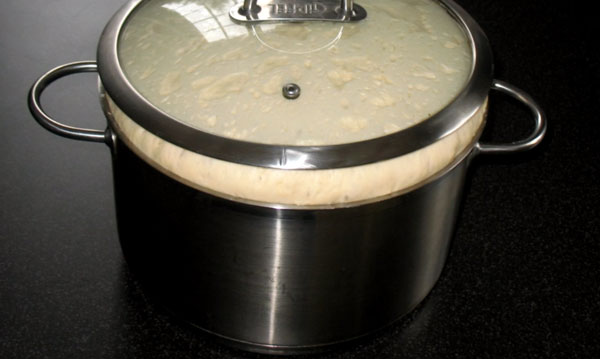 Выросшее тесто пытается сбежать из кастрюли