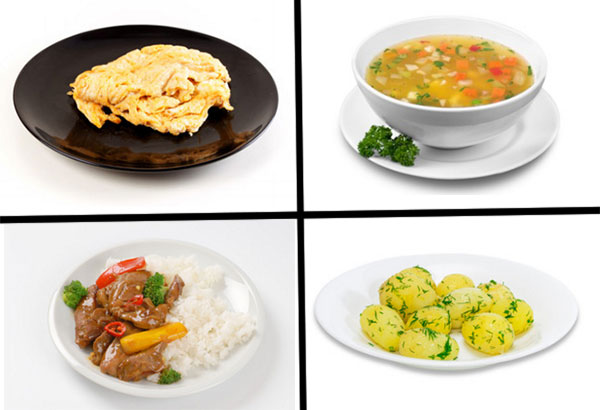 Паровой омлет, овощной суп, рис с мясом, отварной картофель с укропом